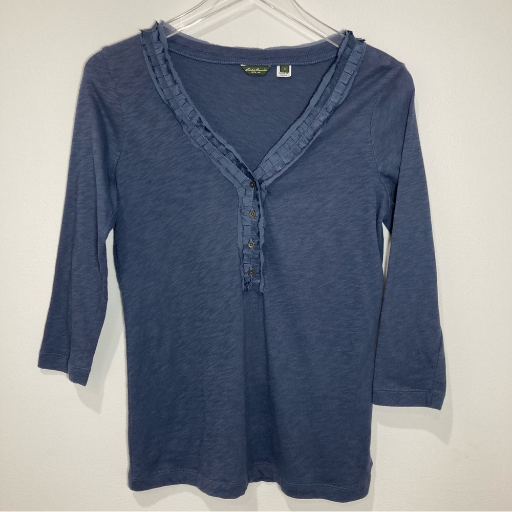 Eddie Bauer Blue Heather 3/4 Sleeve Vneck Tee Silk Ruffle NWOT